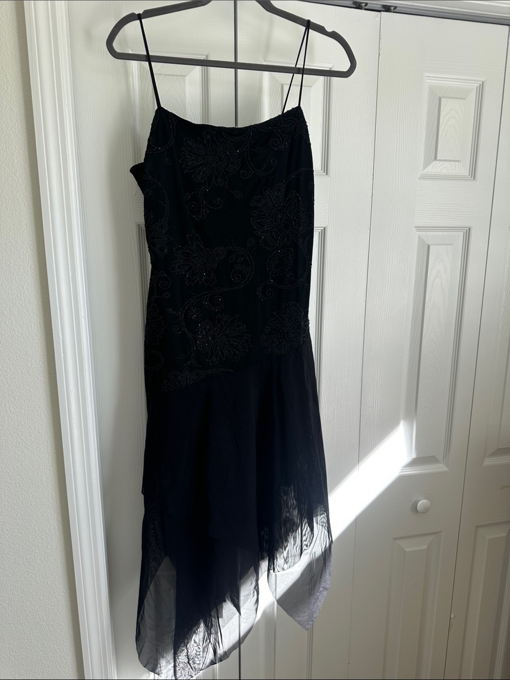Bari Jay Black Asymmetrical Beaded Slip Dress